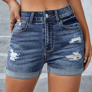 Damen Zerrissene Jeansshorts Mode Hohe Taille Distressed Washed Blaue Jeans Shorts Mit Umschlag Saum Casual Streetwear Shorts