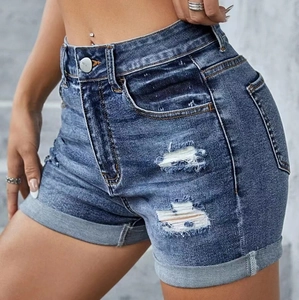 Damen High Waist Denim Shorts in Dunkelblau mit Rissen und umgeschlagenem Saum