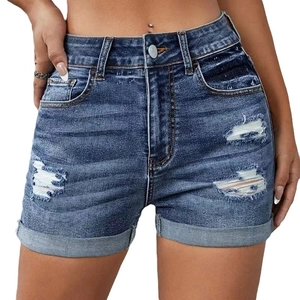 Damen High Waist Denim Shorts in Dunkelblau mit Destroyed-Effekten und Fransen am Saum