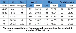 Size chart for women's denim shorts showing S to 2XL with EU, US and CM measurements