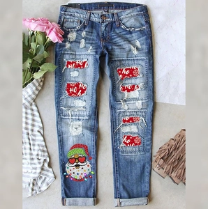 Damen Weihnachten Zerrissene Jeans Mit Geradem Bein Blaue Denim-Hose Weihnachtsmann Schneeflocken-Druck Festliche Hose
