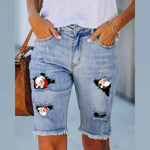 Women Ripped Denim Shorts Distressed Mid Waist Bermuda Shorts With Santa Claus Print Frayed Hem Casual Festive Summer Jeans