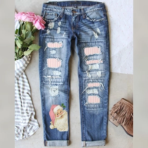Women Casual Christmas Santa Claus Print Distressed Denim Jeans Ripped Washed Straight Pants European Style Streetwear Blue Bottoms