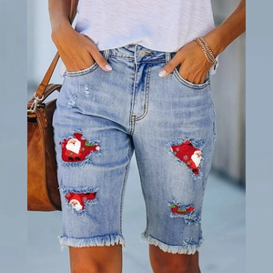 Women Christmas Santa Claus Print Ripped Denim Shorts Distressed Mid Waist Straight Frayed Hem Jeans Short Pants