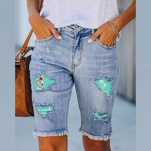 Short en Jean Distressed pour Femmes Taille Moyenne Short Déchiré Avec Imprimé Flamant Rose Chapeau de Noël Bord Franc Pantalon d'Été