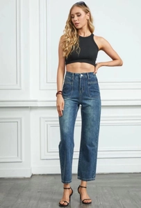 Women High Waist Wide Leg Jeans Dark Blue Denim Pants Fashion Casual Straight Trousers With Front Large Pockets