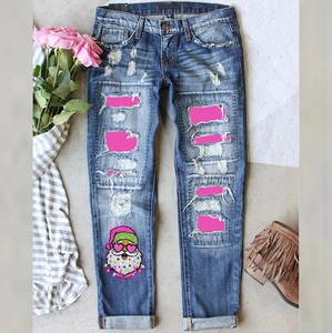 Women Christmas Santa Print Ripped Jeans Blue Distressed Straight Leg Denim Pants With Pink Patches Holiday Festive Trouser