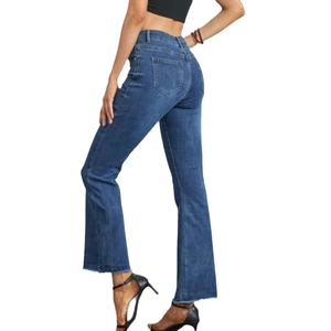 Women's high waist flare jeans in dark blue with raw hem edges and a slim fit