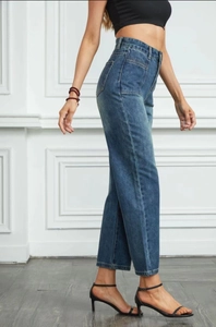 Deep blue high-waisted straight leg denim jeans with classic wash and belt loops