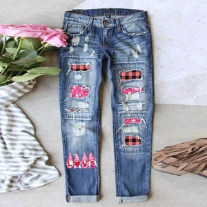 Women Christmas Ripped Jeans Washed Blue Denim Pants With Plaid Sequin Patch Gnomes Print Festive Casual Straight Trousers