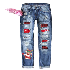 Slim fit women's dark blue jeans with Christmas reindeer print and plaid patchwork detail