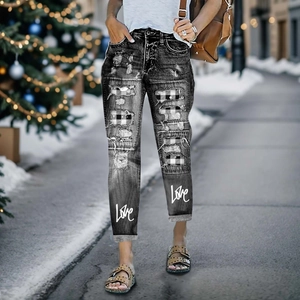 Women's dark gray distressed denim jeans with plaid patches and Love print detail