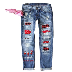 Women's vintage blue Christmas jeans with buffalo plaid patches and wine glass print