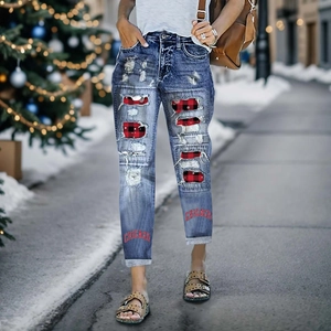 Women Casual Distressed Ripped Jeans Red Black Plaid Patchwork Straight Leg Denim Pants Chicago Letter Print Christmas Fashion
