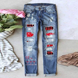 Women Christmas Ripped Jeans Plaid Patch Distressed Denim Pants Reindeer Antler Wine Cup Print Straight Leg Trousers