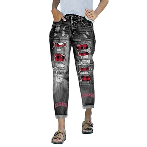 Women's vintage grey ripped jeans with red plaid patches and Chicago letter print