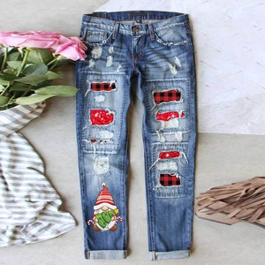 Women Christmas Ripped Jeans Gnome Print Plaid Patches Distressed Straight Leg Denim Long Pants Casual Festive Outfit