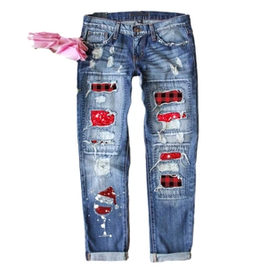 Women's high street distressed jeans with Christmas print and plaid patches in dark blue