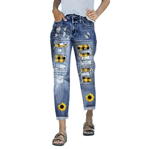 Women's sunflower ripped jeans with plaid patchwork and straight leg denim style