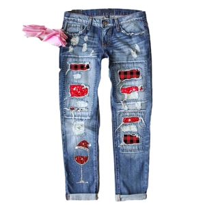 Slim fit Christmas denim jeans with buffalo plaid patches and wine glass print