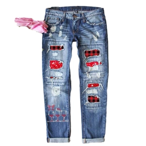 Christmas blue denim jeans with red plaid patches and reindeer festive print
