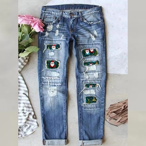 Women Christmas Distressed Ripped Jeans Santa Claus Print Straight Leg Denim Pants Vintage Washed Blue Streetwear Casual