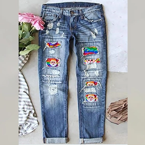 Women's Christmas Ripped Jeans High Waist Straight Leg Denim Pants With Santa Claus Rainbow Print Distressed Casual Trousers