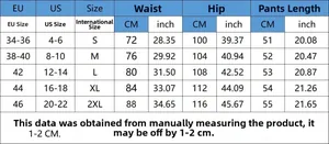 Detailed size chart for printed distressed denim shorts in EU, US, and international sizes