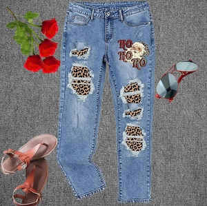 Women's Christmas Santa Print Ripped Jeans Leopard Patch Straight Leg Denim Pants Washed Distressed Light Blue Holiday Trousers