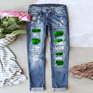 Women's St. Patrick's Day Clover Print Ripped Jeans Distressed Straight Leg Denim Pants Retro Streetwear Cotton Trousers