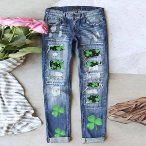 St. Patrick's Day Women's Distressed Straight Leg Jeans Clover Printed Ripped Mid Waist Wash Denim Pants Casual Streetwear