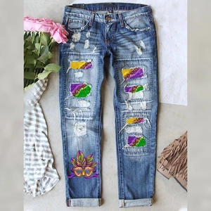 Women's Ripped Mid Waist Straight Jeans Distressed Cotton Denim Pants Carnival Mask Leopard Print Streetwear Blue Jeans
