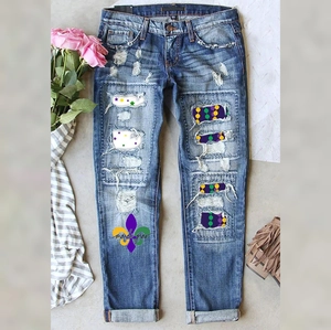 Jeans Femme Mardi Gras Déchiré Jambe Droite Taille Moyenne Pantalons en Denim Avec Imprimé Fleur de Lys Étoile