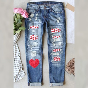 Jean Déchiré Femme Imprimé Cœur Pantalon Denim Délavé Coupe Droite Trousers pour Saint Valentin Streetwear Décontracté