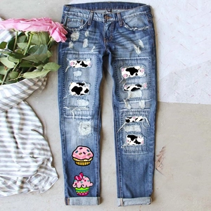 Women Casual Straight Leg Ripped Jeans Distressed Denim Pants With Cow Print Lining And Cartoon Cupcake Print Streetwear