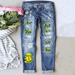 Jean Déchiré Femme Imprimé Trèfle Saint-Patrick Pantalon Denim Bleu Usé Coupe Droite Streetwear Décontracté