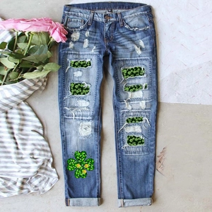 Pantalon Femme St Patrick's Day Jean Droit Déchiré Avec Imprimé Trèfle Délavé Décontracté Streetwear Denim