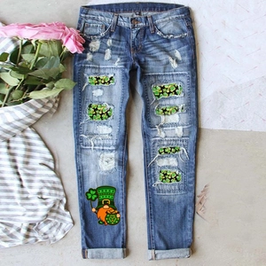 Jeans Déchirés pour Femmes Saint-Patrick Pantalon en Denim de Coton Coupe Droite Avec Imprimé Trèfle et Lutin Festif