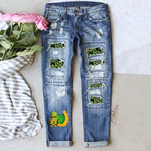 St. Patrick's Day Women Ripped Denim Jeans Shamrock Gnome Printed Distressed Mid Waist Straight Leg Washed Casual Pants
