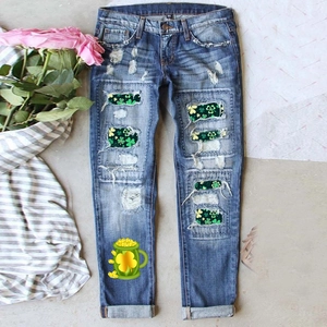 Pantalon en Jean Déchiré pour Femmes Imprimé Trèfle de la Saint-Patrick Pantalon en Denim Délavé Décontracté Jambe Large