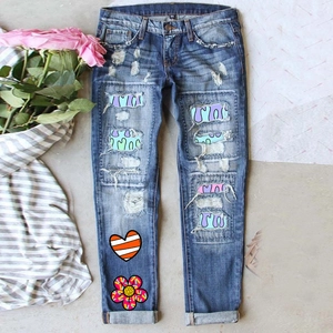 Jeans Femme Taille Moyenne Jambe Droite Déchiré Imprimé Dessin Animé Cœur Fleur Pantalon en Denim Streetwear Jeans Bleu