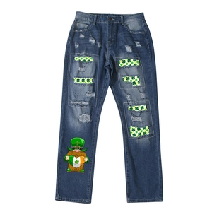 Deep blue straight-leg jeans with clover patches and St. Patrick's Day gnome print