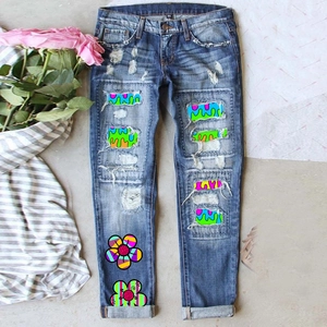 Damen Zerrissene Jeans Mit Gerade Bein Cartoon Sonnenblume Druck Waschblau Baumwolle Hose Für Casual Streetwear