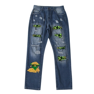 Men's blue straight jeans with clover print distressed holes and St. Patrick's Day patterns