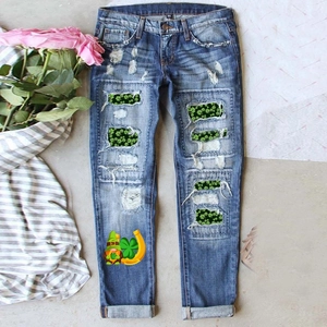Women St Patrick Day Washed Blue Ripped Jeans Shamrock Print Leprechaun Distressed Straight Leg Denim Pants Streetwear