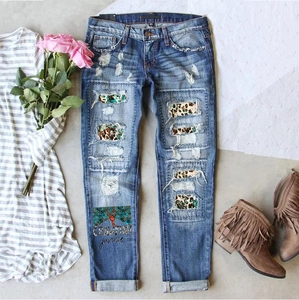 Women Streetwear Distressed Ripped Jeans Leopard Patch Print Mid Waist Straight Leg Denim Pants With Crawfish Junkie Lettering