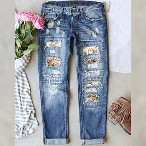 Women's Mid Waist Straight Leg Ripped Jeans With Rose Flower Patchwork Distressed Washed Light Blue Denim Pants