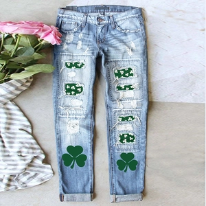 Jeans en Denim Déchiré pour Femmes Saint-Patrick Trèfle Taille Moyenne Jambe Droite Délavage Effet Usé Pantalon Casual