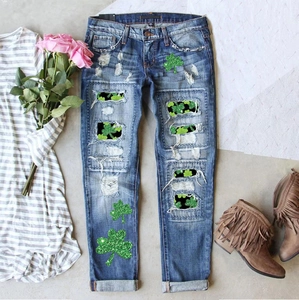 Jean Denim Déchiré Imprimé Trèfle pour Femmes Saint-Patrick Décontracté Taille Moyenne Délavé Jambe Droite Pantalon Long en Mélange de Coton