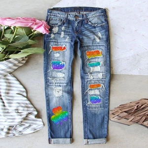 Women's Vintage Distressed Ripped Jeans Rainbow Clover Print Straight Leg Denim Pants Casual Streetwear Plus Size